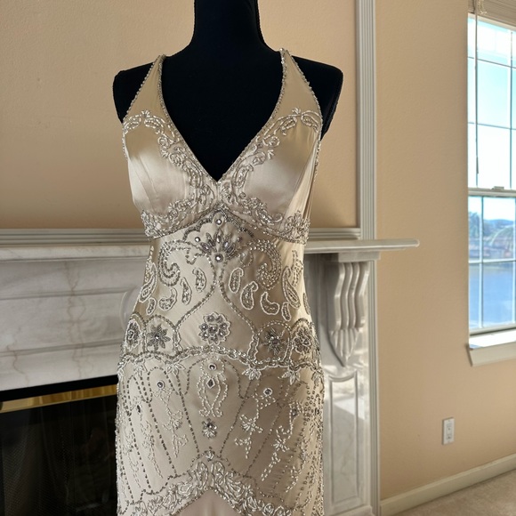 Sue Wong Silk dress, cream / champagne color, beaded & embroidered - Picture 4 of 16